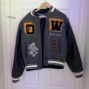 OFF-WHITE Patch Embellished Varsity Bomber Jacket Medium Grey Yellow Black